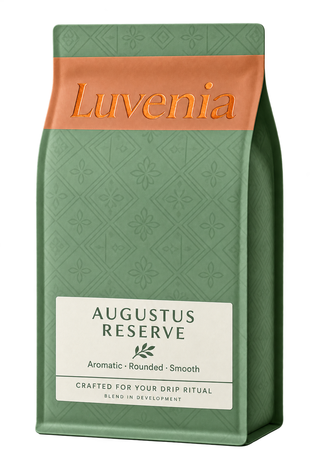 Augustus Reserve development mockup in sage and copper, labeled Aromatic, Rounded, Smooth